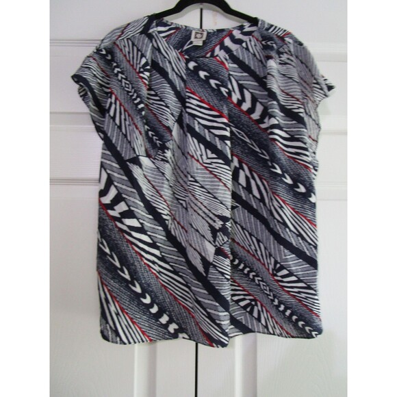 Anne Klein Shirt Womens Large Blue Red White Abstract Print Short Sleeve Top - Picture 1 of 9